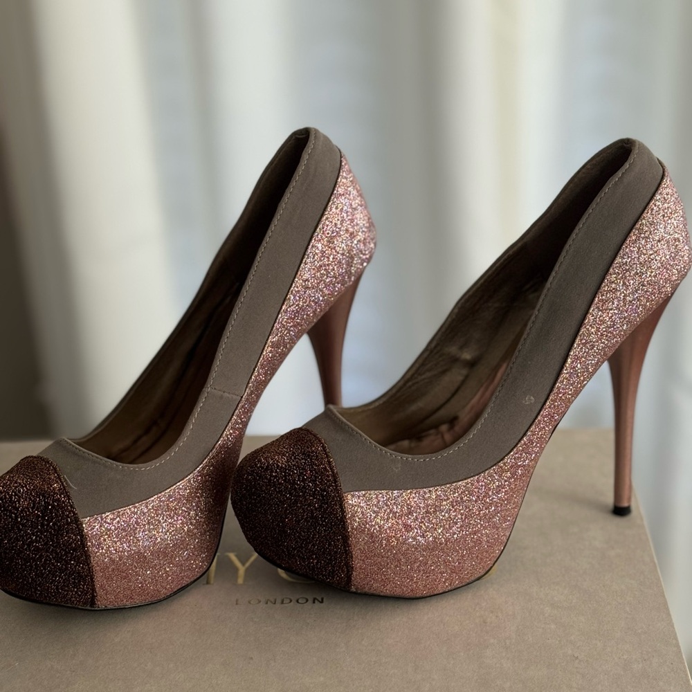 Qupid Pink and Brown Glitter Heels